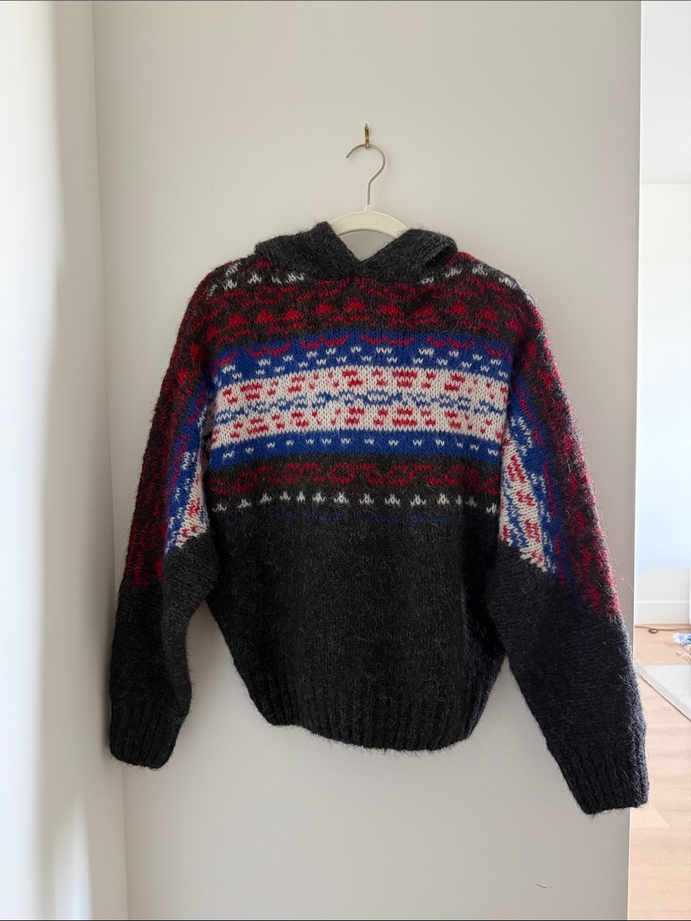 Rag & Bone Hooded Fair Isle Sweater in Charcoal and Red